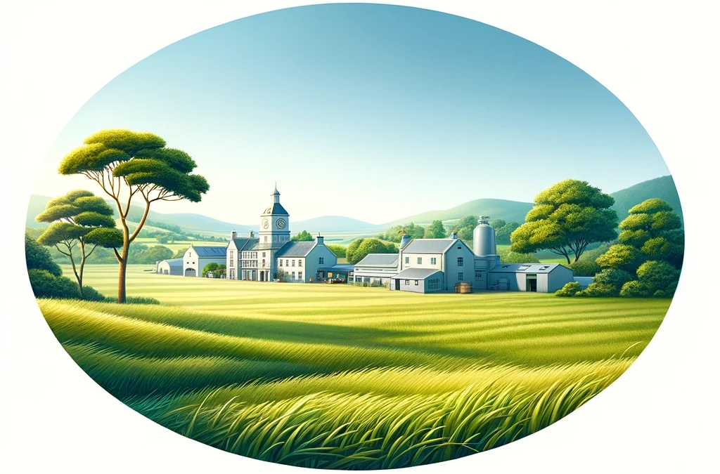 Serene landscape with a small gin distillery in the distance, set against a backdrop of lush green meadows and a clear blue sky